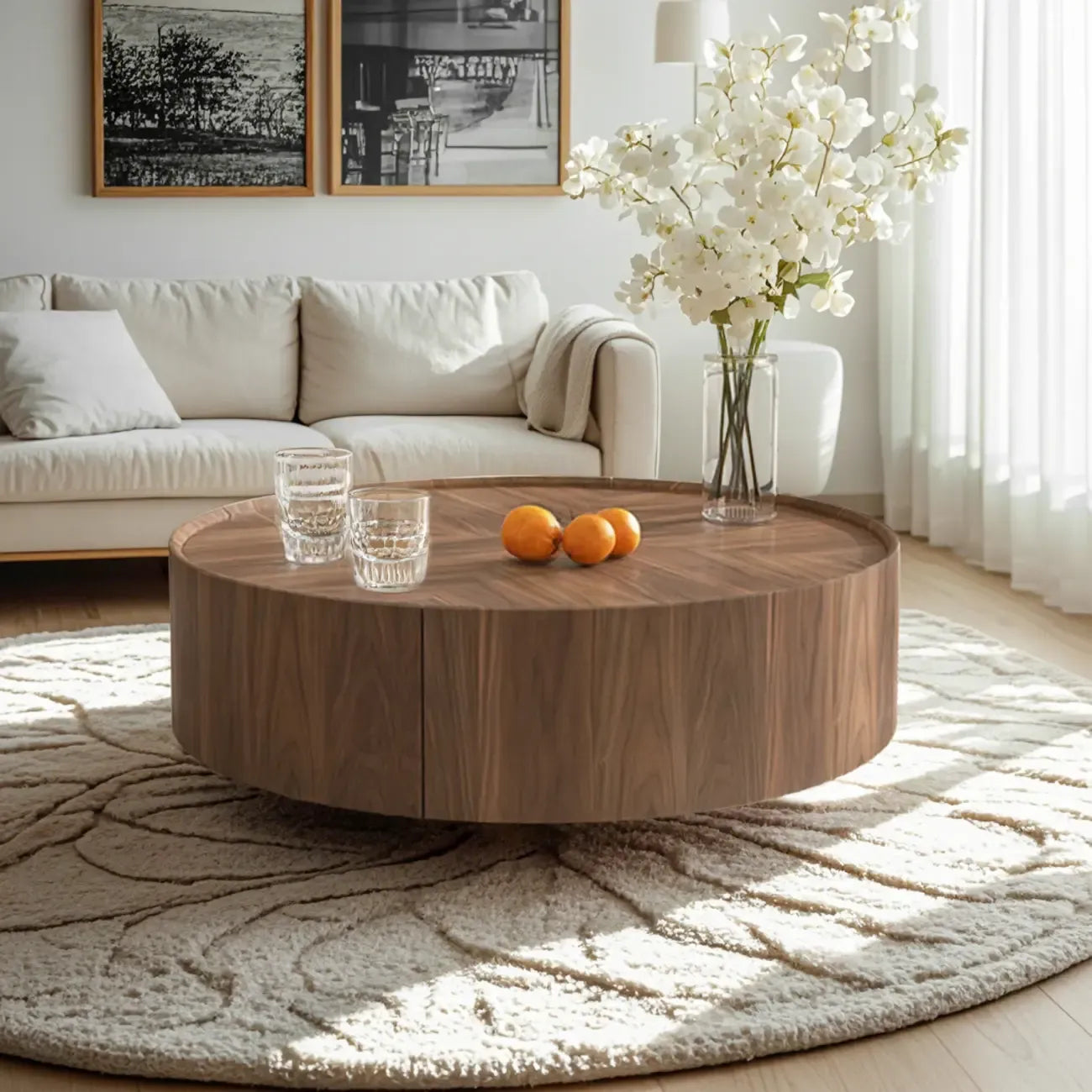 Table basse ronde en bois brun avec plateau et 2 tiroirs