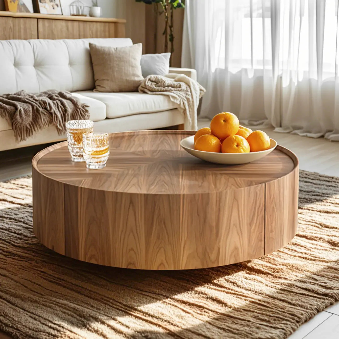 Table basse ronde en bois brun avec plateau et 2 tiroirs