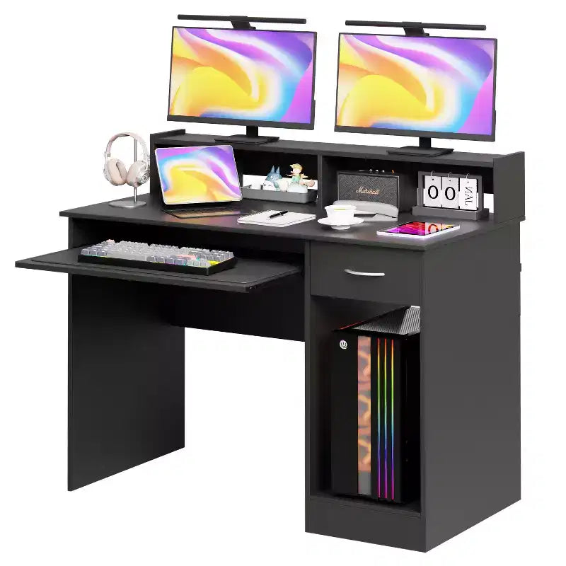FDW Computer Desk Office Desk Multi-Functional Gaming Desk with Drawers Keyboard Tray, Black