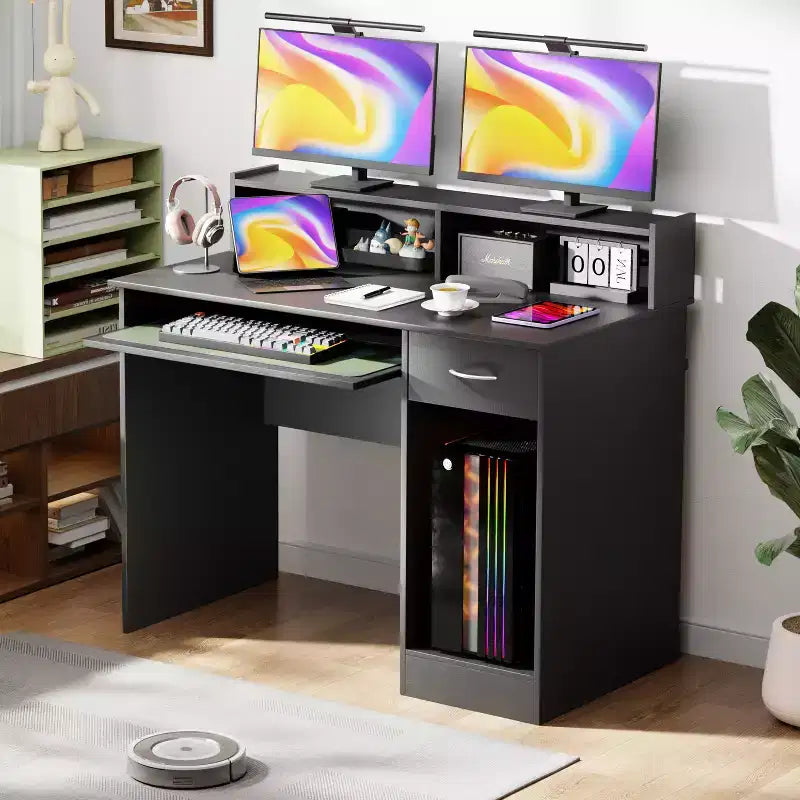 FDW Scrivania per Computer Scrivania da Ufficio Scrivania da Gaming Multifunzionale con Cassetti Vassoio per Tastiera, Nero