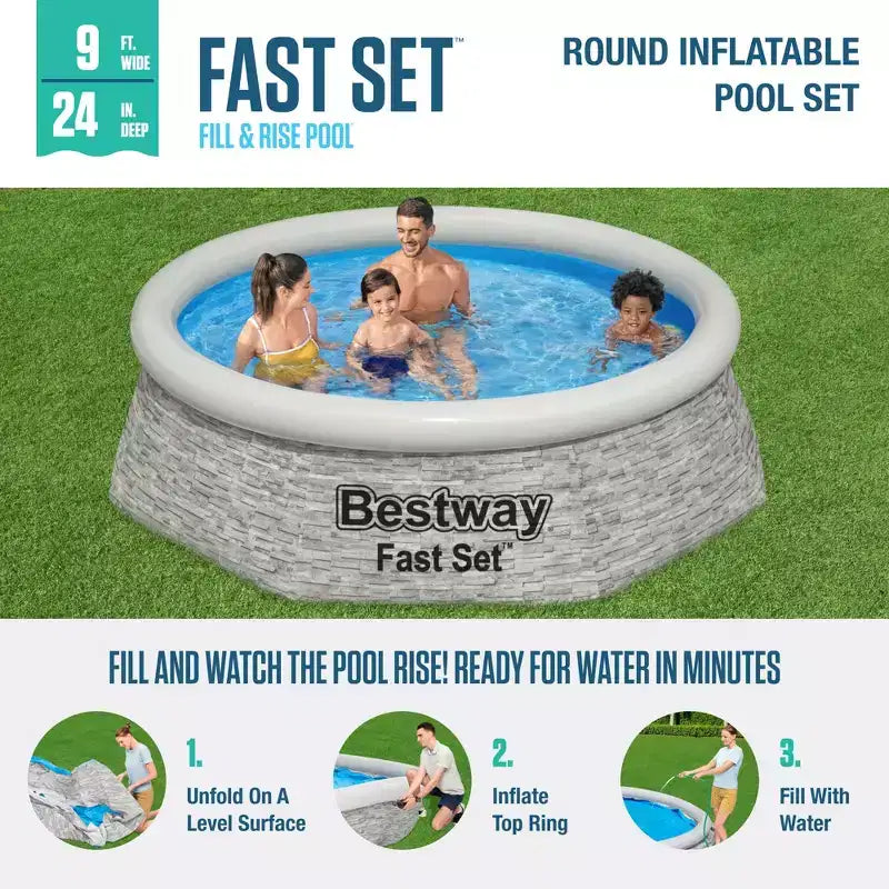 Ensemble de piscine hors-sol Bestway, piscine gonflable ronde de 2,44 m x 61 cm pour jardin extérieur avec une capacité d'eau de 1881 litres et une pompe de filtration de 1249 L/h, lot de 2