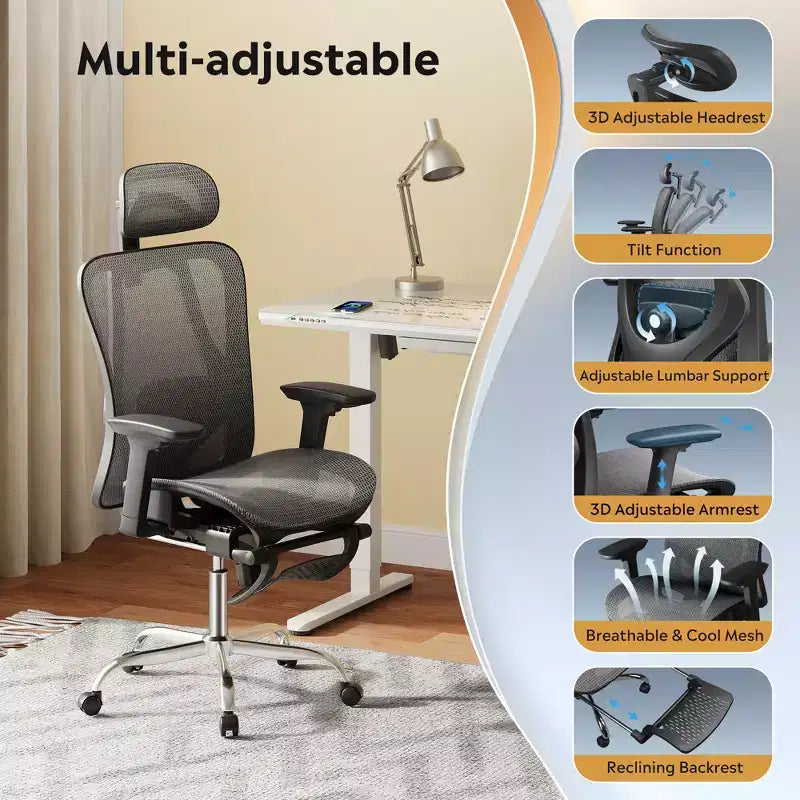 GALAXHERO Sedia da Ufficio Ergonomica in Rete, Sedia da Scrivania Reclinabile con Schienale Alto con Poggiapiedi Estraibile e Supporto Lombare Regolabile, Funzione Basculante, Nero