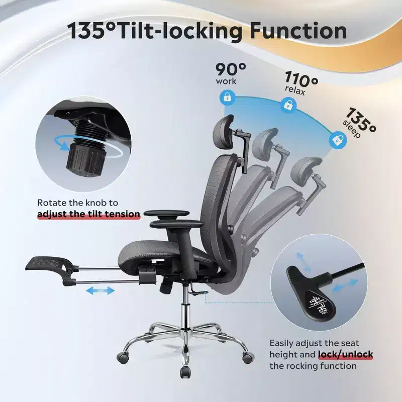 GALAXHERO Sedia da Ufficio Ergonomica in Rete, Sedia da Scrivania Reclinabile con Schienale Alto con Poggiapiedi Estraibile e Supporto Lombare Regolabile, Funzione Basculante, Nero