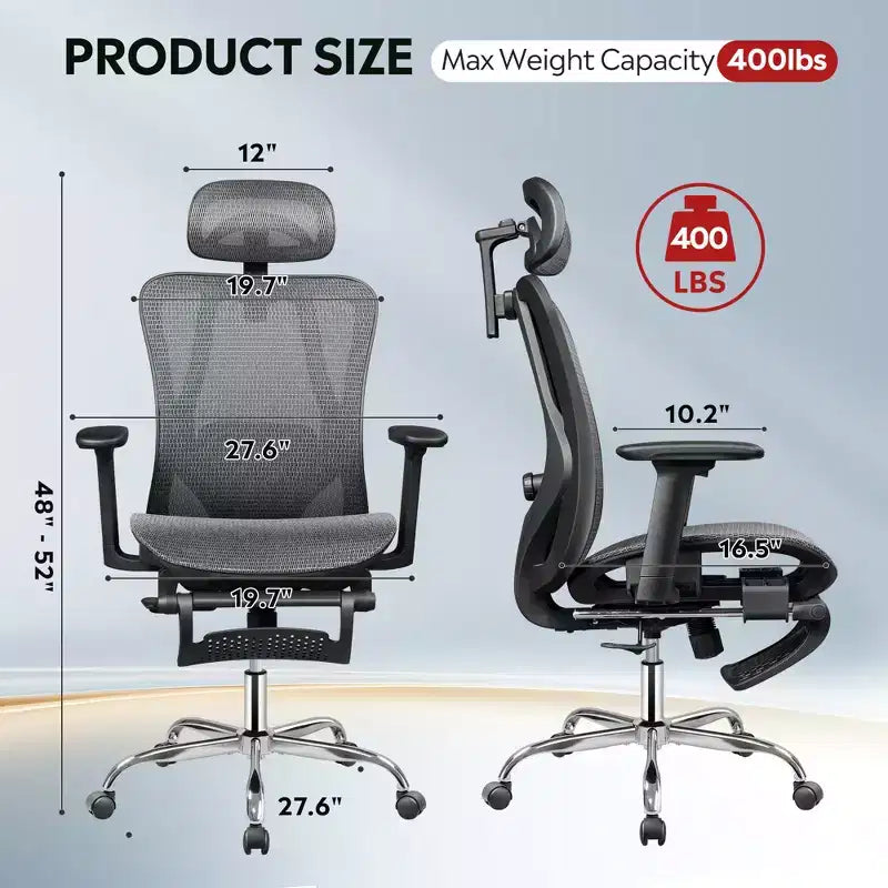 GALAXHERO Sedia da Ufficio Ergonomica in Rete, Sedia da Scrivania Reclinabile con Schienale Alto con Poggiapiedi Estraibile e Supporto Lombare Regolabile, Funzione Basculante, Nero