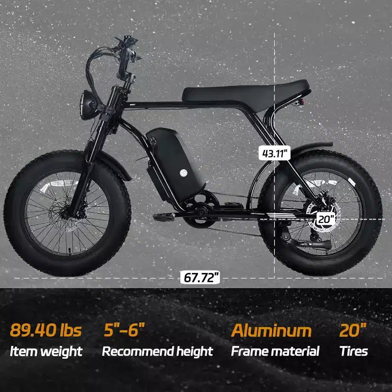 Vélo électrique tout-terrain pour adultes, pneus larges 20 x 4,0, moteur 750W avec batterie amovible 48V 15,6Ah