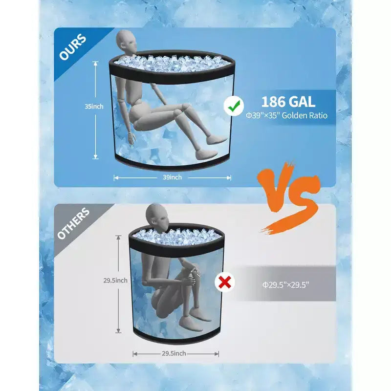 Baignoire de glace de 704 litres pour athlètes, bain froid gonflable – Plongeon froid portable avec couvercle isolant, compatible avec les refroidisseurs d'eau, noir