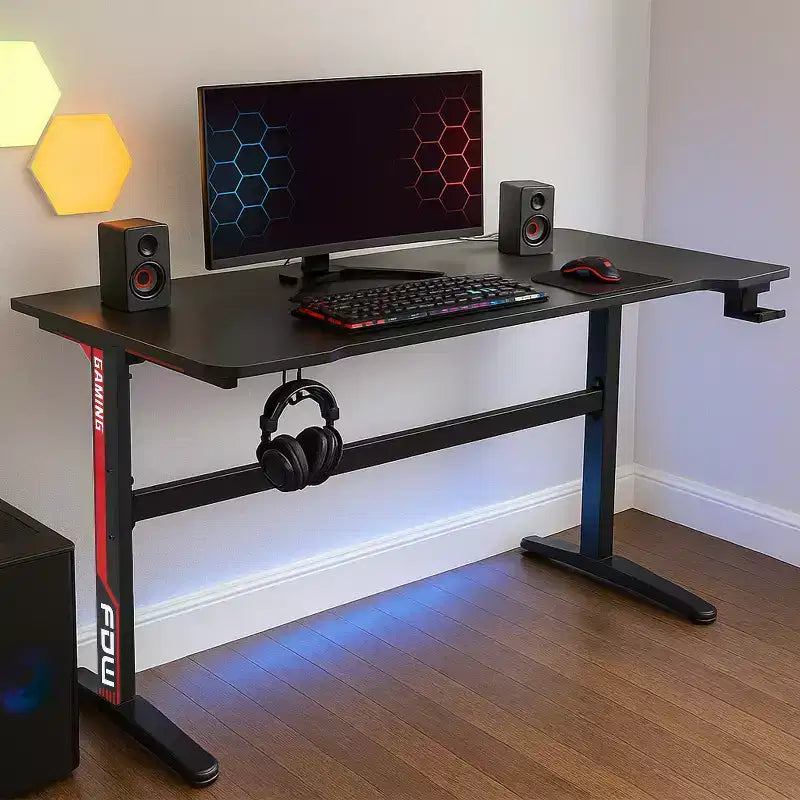 BestMassage Bureau d'ordinateur de 47 pouces, bureau de gaming, bureau d'écriture, bureau en T, bureau de PC avec porte-gobelet intégré, Rouge
