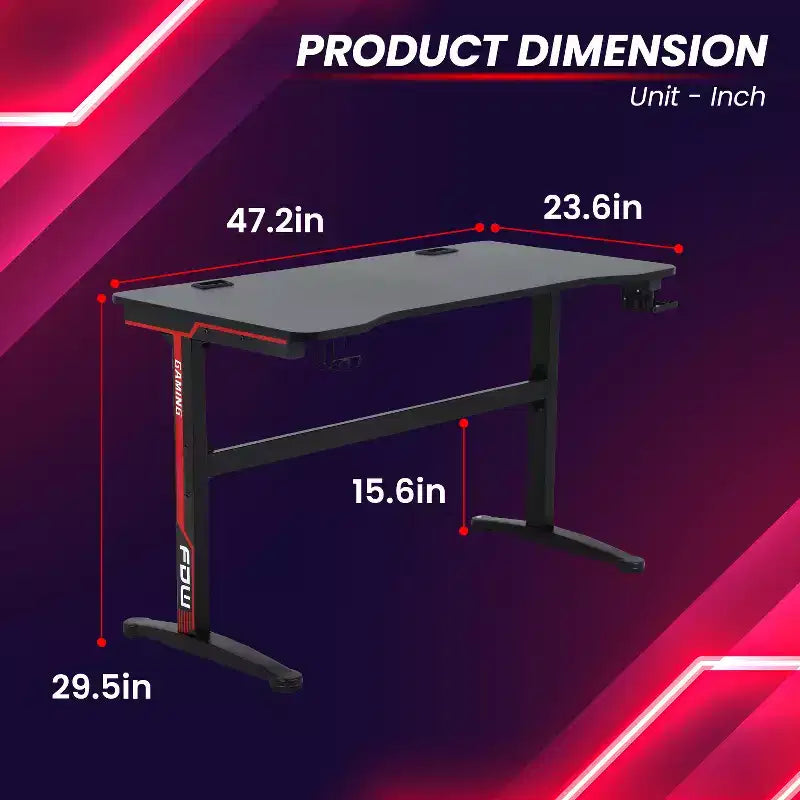 BestMassage Bureau d'ordinateur de 47 pouces, bureau de gaming, bureau d'écriture, bureau en T, bureau de PC avec porte-gobelet intégré, Rouge