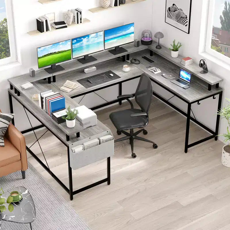 Bureau de jeu informatique en U CuisinSmart, bureau réversible en L avec support d'écran, grand bureau d'angle avec étagères de rangement