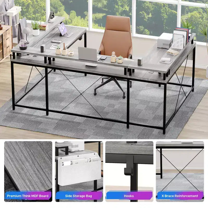 Bureau de jeu informatique en U CuisinSmart, bureau réversible en L avec support d'écran, grand bureau d'angle avec étagères de rangement