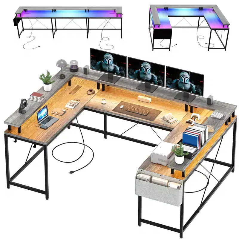 Bureau de jeu informatique en U CuisinSmart, bureau réversible en L avec support d'écran, grand bureau d'angle avec étagères de rangement