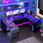 Bureau de jeu informatique en U CuisinSmart, bureau réversible en L avec support d'écran, grand bureau d'angle avec étagères de rangement
