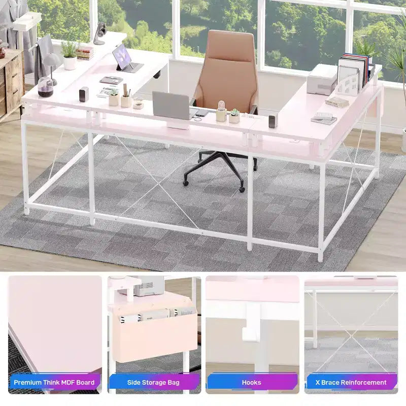 Bureau de jeu informatique en U CuisinSmart, bureau réversible en L avec support d'écran, grand bureau d'angle avec étagères de rangement