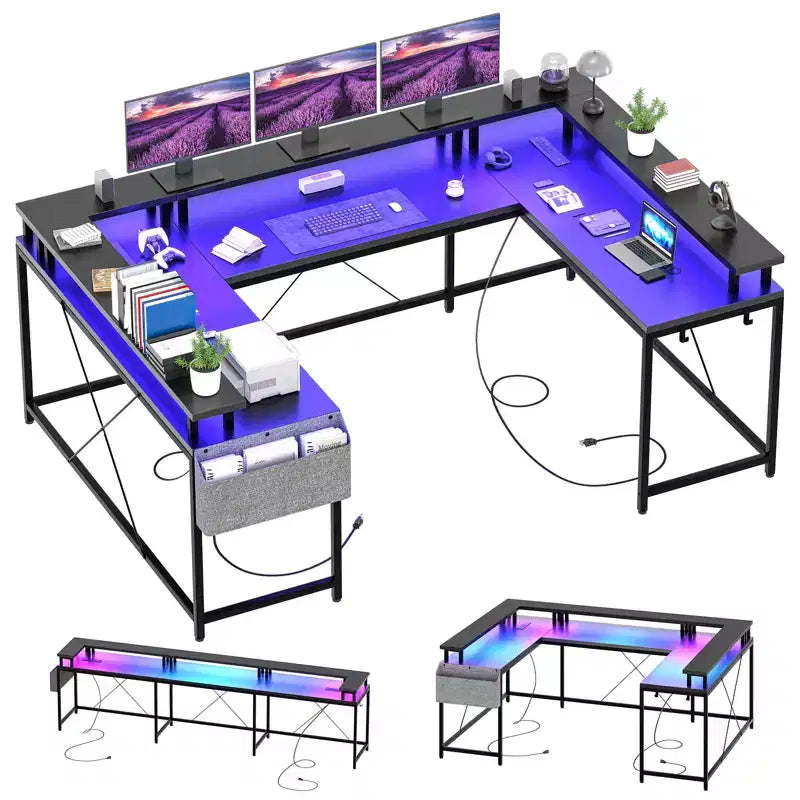 Bureau de jeu informatique en U CuisinSmart, bureau réversible en L avec support d'écran, grand bureau d'angle avec étagères de rangement