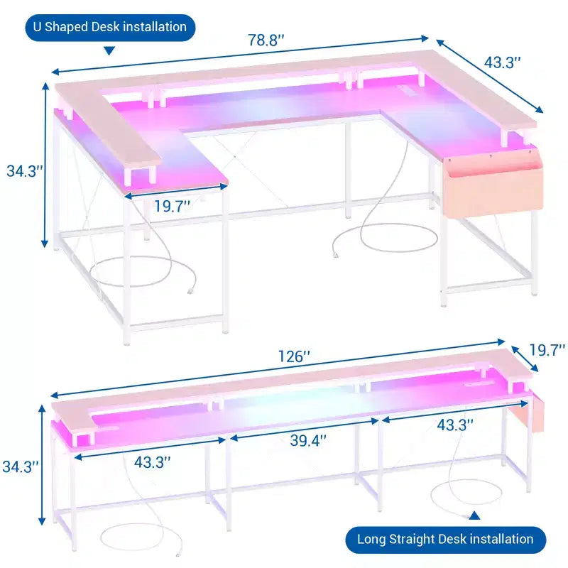 Bureau de jeu informatique en U CuisinSmart, bureau réversible en L avec support d'écran, grand bureau d'angle avec étagères de rangement