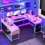 Bureau de jeu informatique en U CuisinSmart, bureau réversible en L avec support d'écran, grand bureau d'angle avec étagères de rangement