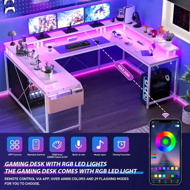 Bureau de jeu informatique en U CuisinSmart, bureau réversible en L avec support d'écran, grand bureau d'angle avec étagères de rangement
