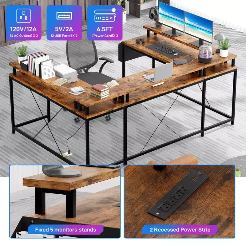 Bureau de jeu informatique en U CuisinSmart, bureau réversible en L avec support d'écran, grand bureau d'angle avec étagères de rangement