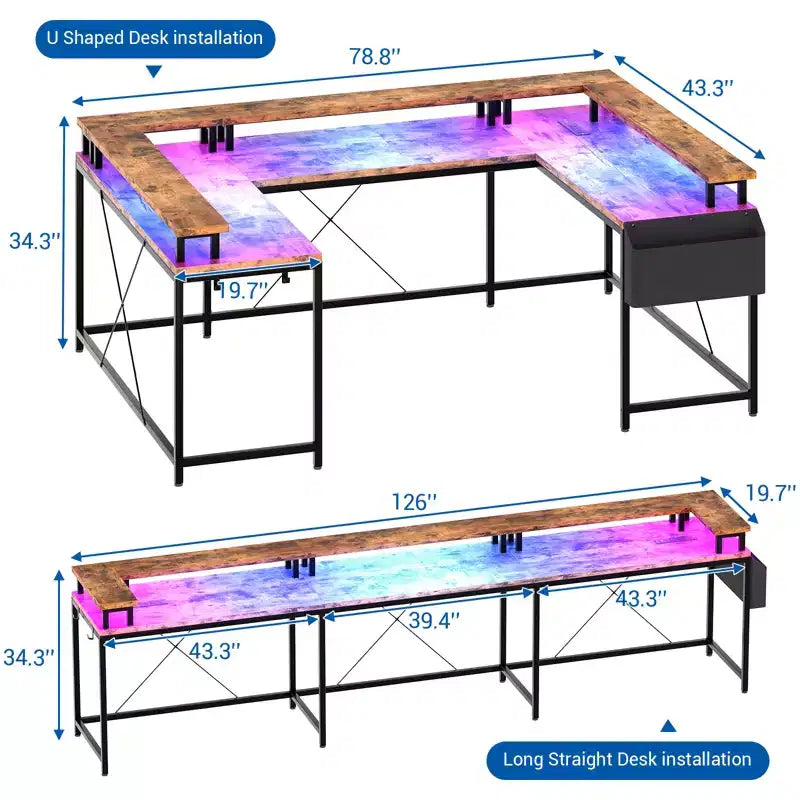 Bureau de jeu informatique en U CuisinSmart, bureau réversible en L avec support d'écran, grand bureau d'angle avec étagères de rangement