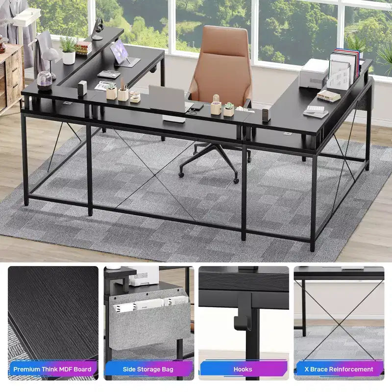 Bureau de jeu informatique en U CuisinSmart, bureau réversible en L avec support d'écran, grand bureau d'angle avec étagères de rangement