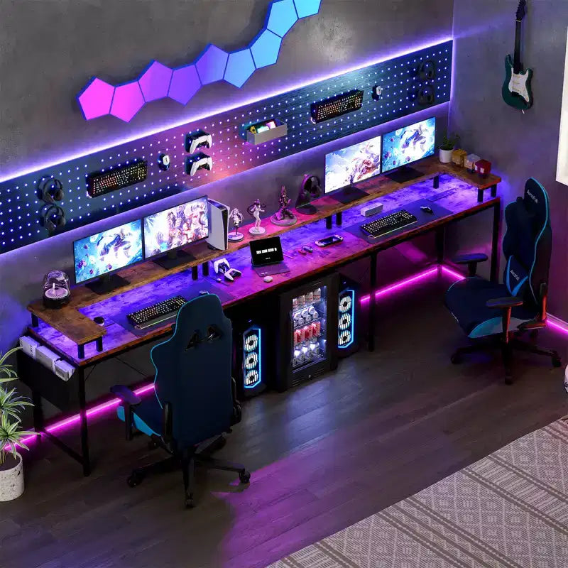Bureau de jeu informatique en U CuisinSmart, bureau réversible en L avec support d'écran, grand bureau d'angle avec étagères de rangement
