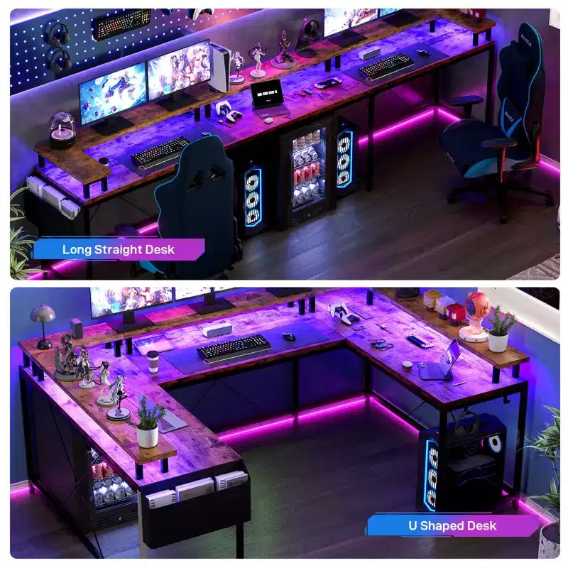 Bureau de jeu informatique en U CuisinSmart, bureau réversible en L avec support d'écran, grand bureau d'angle avec étagères de rangement