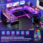 Bureau de jeu informatique en U CuisinSmart, bureau réversible en L avec support d'écran, grand bureau d'angle avec étagères de rangement
