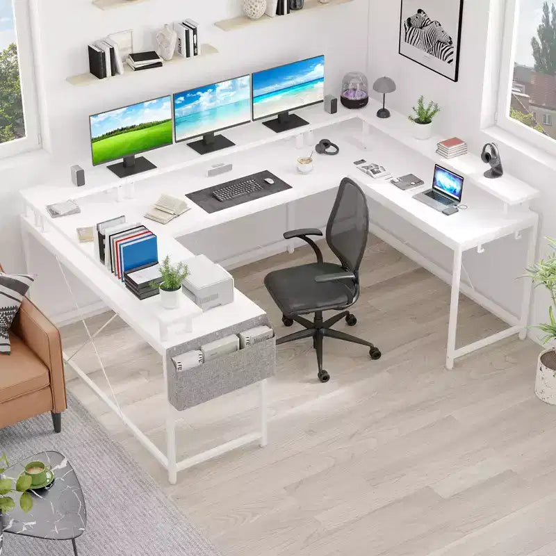 Bureau de jeu informatique en U CuisinSmart, bureau réversible en L avec support d'écran, grand bureau d'angle avec étagères de rangement