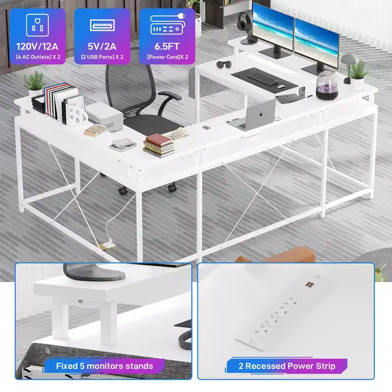 Bureau de jeu informatique en U CuisinSmart, bureau réversible en L avec support d'écran, grand bureau d'angle avec étagères de rangement