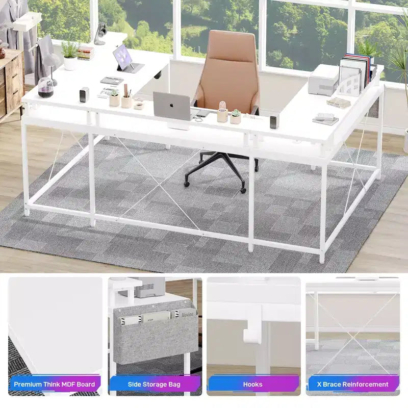 Bureau de jeu informatique en U CuisinSmart, bureau réversible en L avec support d'écran, grand bureau d'angle avec étagères de rangement