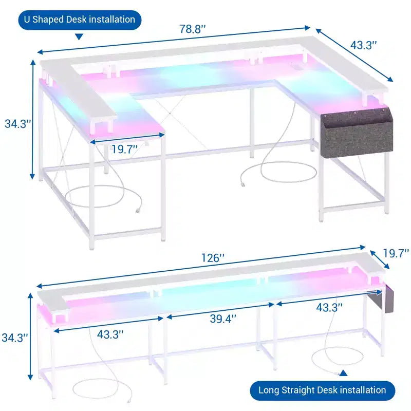 Bureau de jeu informatique en U CuisinSmart, bureau réversible en L avec support d'écran, grand bureau d'angle avec étagères de rangement