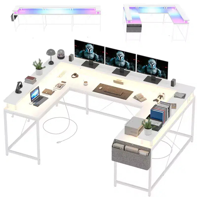 Bureau de jeu informatique en U CuisinSmart, bureau réversible en L avec support d'écran, grand bureau d'angle avec étagères de rangement