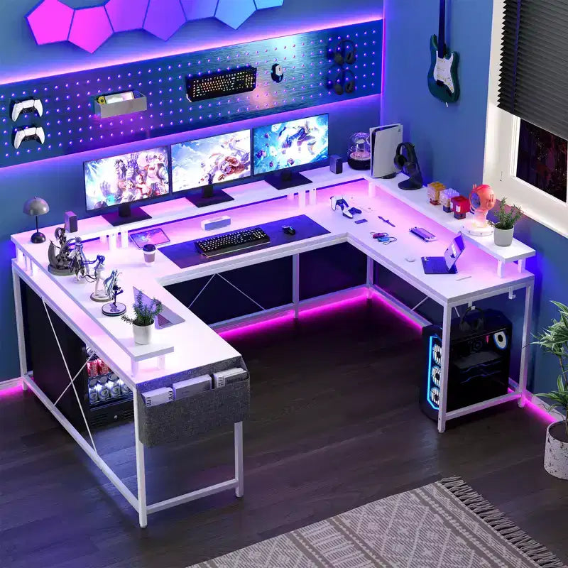 Bureau de jeu informatique en U CuisinSmart, bureau réversible en L avec support d'écran, grand bureau d'angle avec étagères de rangement