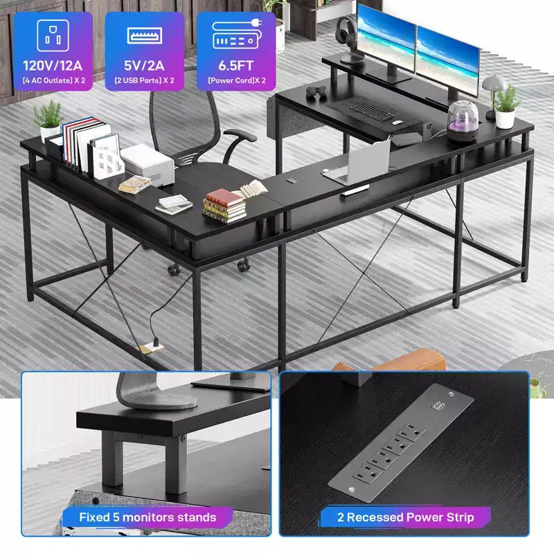 Bureau de jeu informatique en U CuisinSmart, bureau réversible en L avec support d'écran, grand bureau d'angle avec étagères de rangement