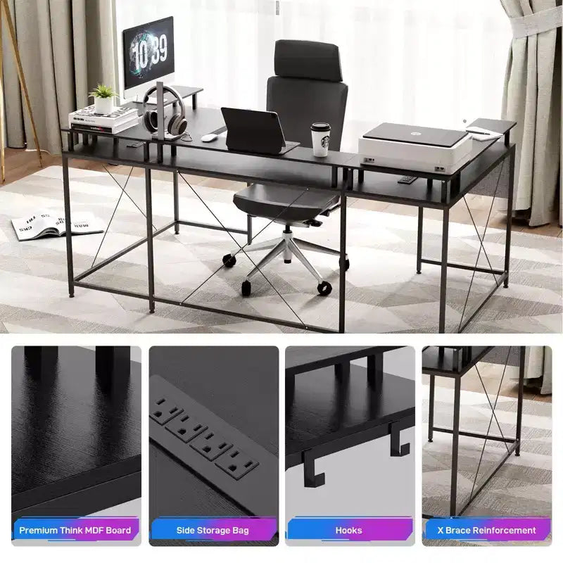 Bureau de jeu informatique en U CuisinSmart, bureau réversible en L avec support d'écran, grand bureau d'angle avec étagères de rangement