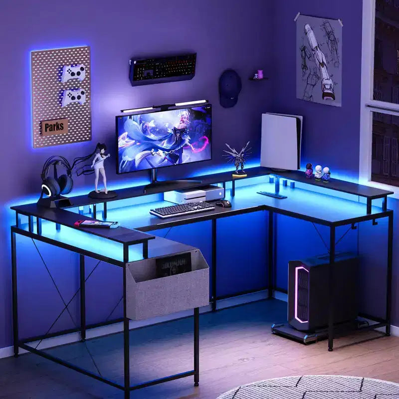 Bureau de jeu informatique en U CuisinSmart, bureau réversible en L avec support d'écran, grand bureau d'angle avec étagères de rangement