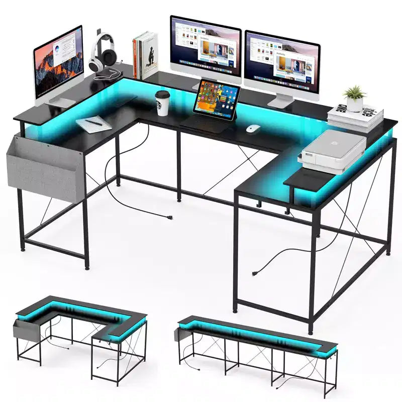 CuisinSmart U Shaped Computer Gaming Desk, Reversible L Shaped Desk with Monitor Stand, Large Corner Desk with Storage Shelves