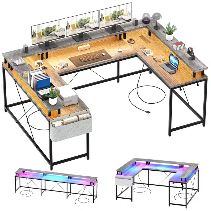 Bureau de jeu informatique en U CuisinSmart, bureau réversible en L avec support d'écran, grand bureau d'angle avec étagères de rangement
