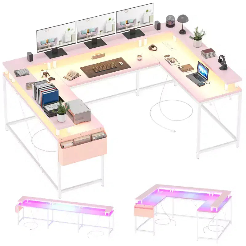 Bureau de jeu informatique en U CuisinSmart, bureau réversible en L avec support d'écran, grand bureau d'angle avec étagères de rangement