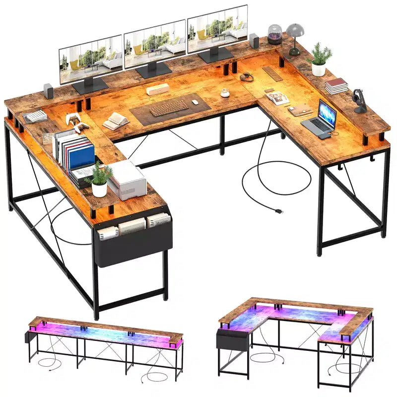 Bureau de jeu informatique en U CuisinSmart, bureau réversible en L avec support d'écran, grand bureau d'angle avec étagères de rangement