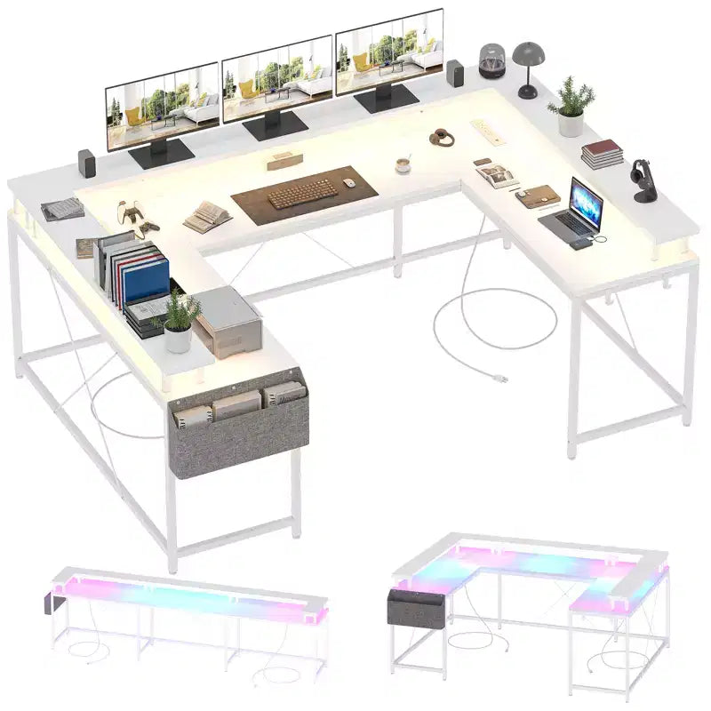 Bureau de jeu informatique en U CuisinSmart, bureau réversible en L avec support d'écran, grand bureau d'angle avec étagères de rangement
