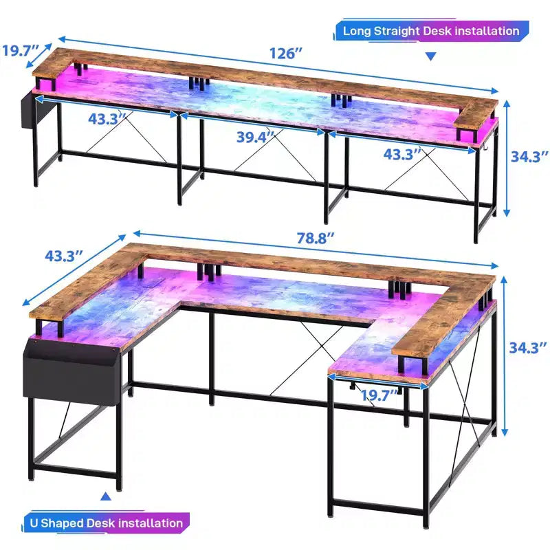 Scrivania a U, scrivania da gaming da 126 pollici con supporto per monitor e luci a LED, scrivania grande a forma reversibile con prese di corrente, scrivania da ufficio