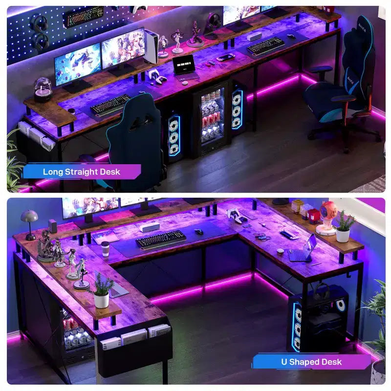 Scrivania a U, scrivania da gaming da 126 pollici con supporto per monitor e luci a LED, scrivania grande a forma reversibile con prese di corrente, scrivania da ufficio