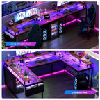 Scrivania a U, scrivania da gaming da 126 pollici con supporto per monitor e luci a LED, scrivania grande a forma reversibile con prese di corrente, scrivania da ufficio