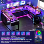 Scrivania a U, scrivania da gaming da 126 pollici con supporto per monitor e luci a LED, scrivania grande a forma reversibile con prese di corrente, scrivania da ufficio