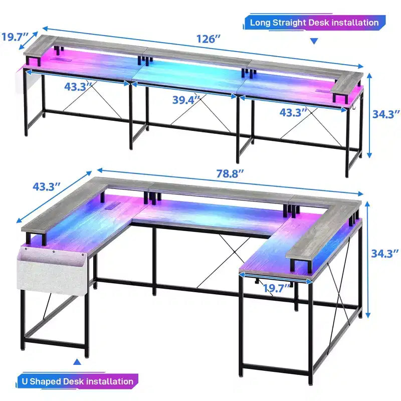 Scrivania a U, scrivania da gaming da 126 pollici con supporto per monitor e luci a LED, scrivania grande a forma reversibile con prese di corrente, scrivania da ufficio