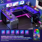 Scrivania a U, scrivania da gaming da 126 pollici con supporto per monitor e luci a LED, scrivania grande a forma reversibile con prese di corrente, scrivania da ufficio