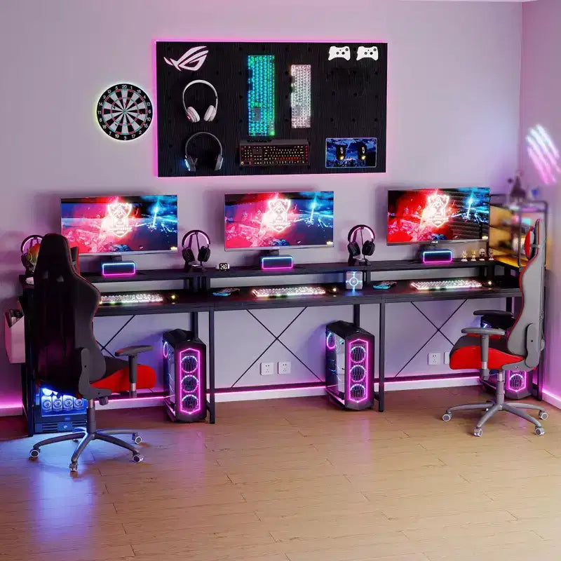 Scrivania a U, scrivania da gaming da 126 pollici con supporto per monitor e luci a LED, scrivania grande a forma reversibile con prese di corrente, scrivania da ufficio