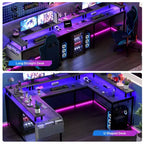 Scrivania a U, scrivania da gaming da 126 pollici con supporto per monitor e luci a LED, scrivania grande a forma reversibile con prese di corrente, scrivania da ufficio