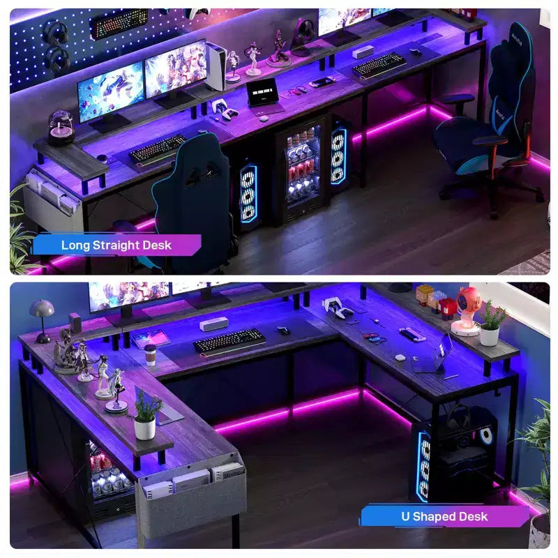Scrivania a U, scrivania da gaming da 126 pollici con supporto per monitor e luci a LED, scrivania grande a forma reversibile con prese di corrente, scrivania da ufficio